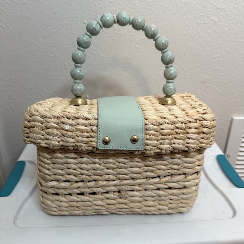 BTB Los Angeles Marble Beaded Top Handle Box Straw Bag Beach Vacation - Picture 4 of 6